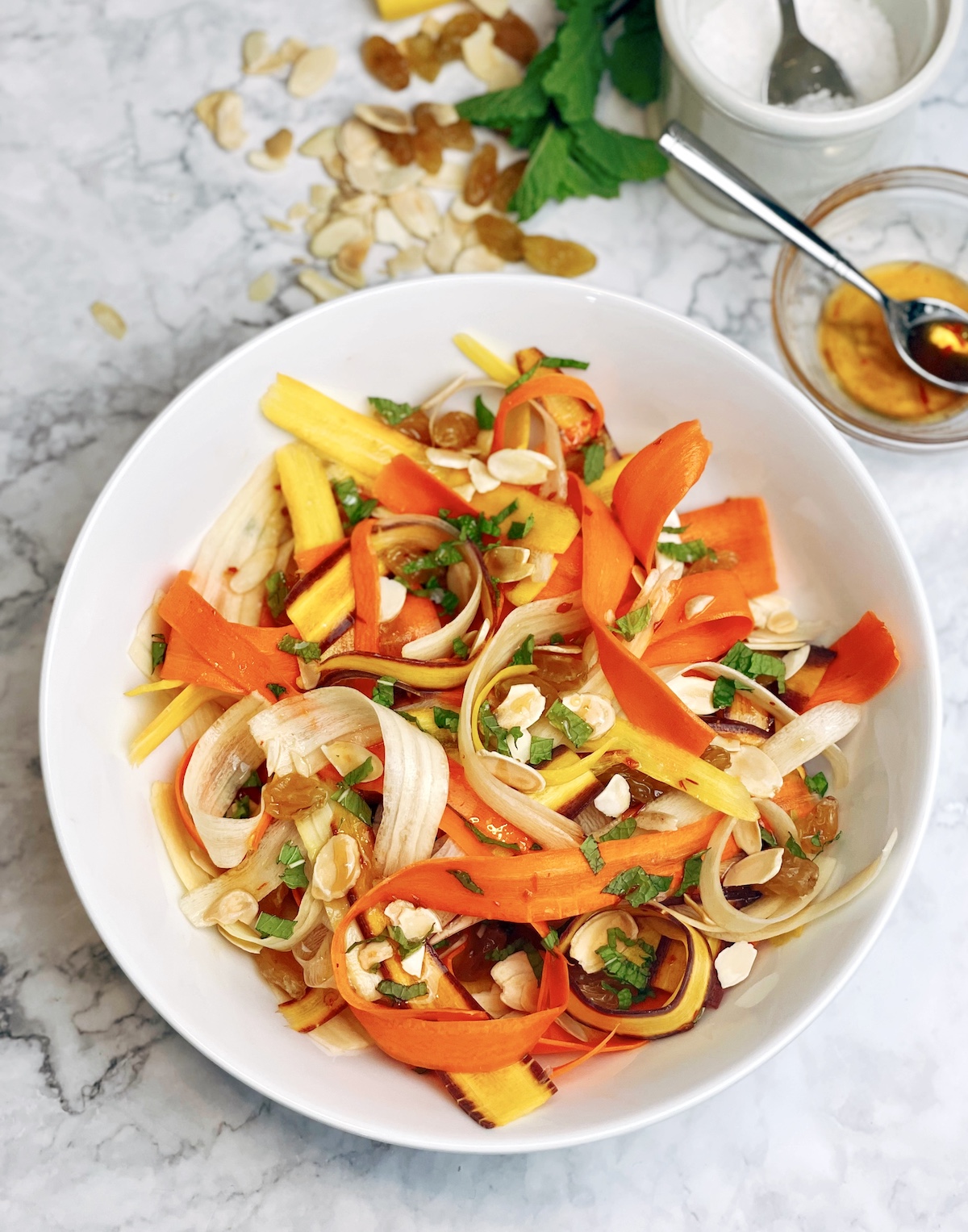 shaved rainbow carrot salad with spicy honey