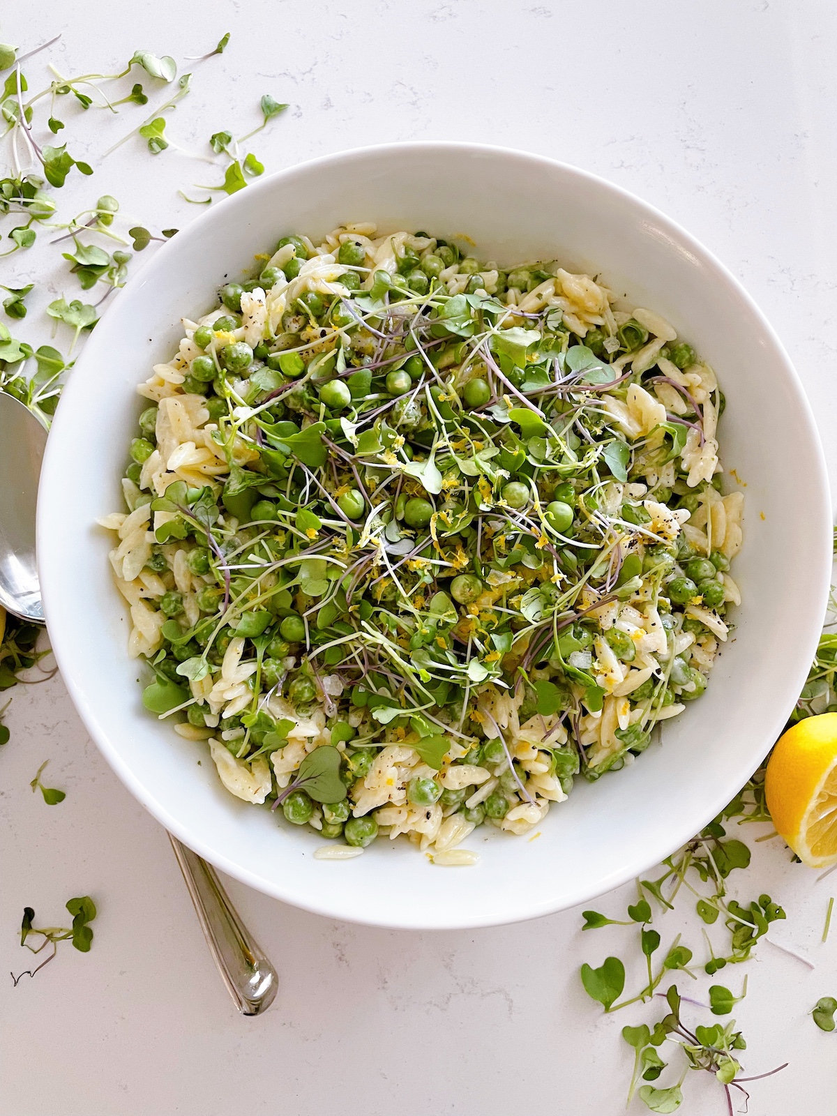 English pea, tahini and lemon orzo pasta